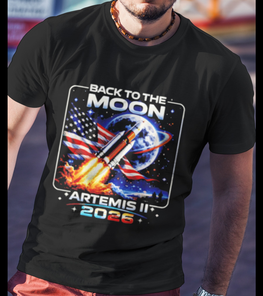 Back To The Moon Artemis II 2026 Rocket Launch Space Mission USA Flag T-Shirt