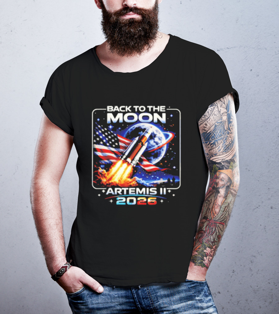 Back To The Moon Artemis II 2026 Rocket Launch Space Mission USA Flag T-Shirt