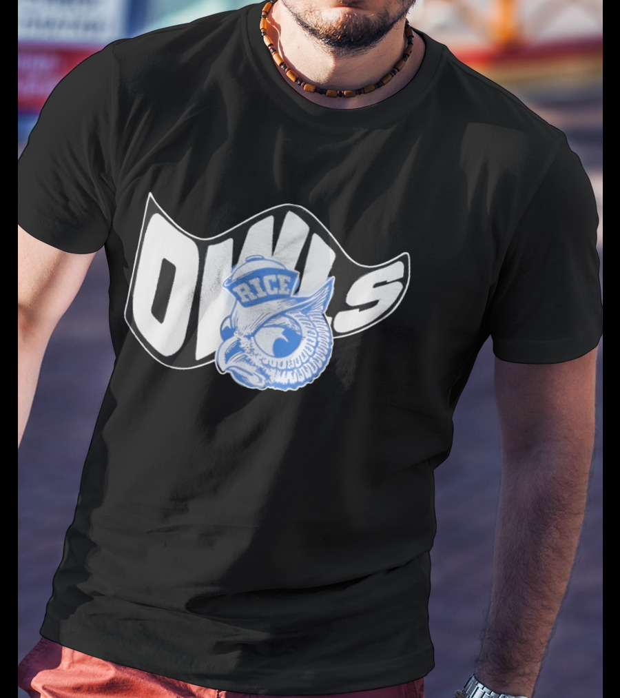 Rice Owls Waving Flag Bold Script With Blue Owl T-Shirt