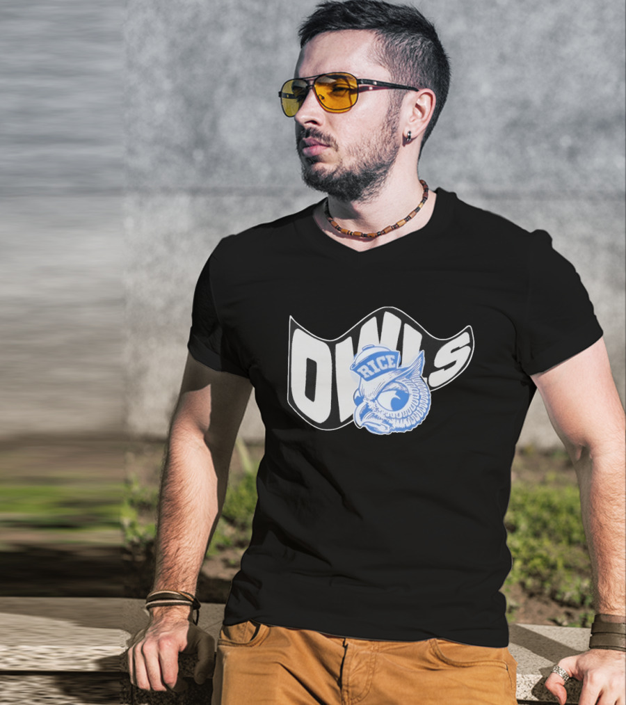 Rice Owls Waving Flag Bold Script With Blue Owl T-Shirt