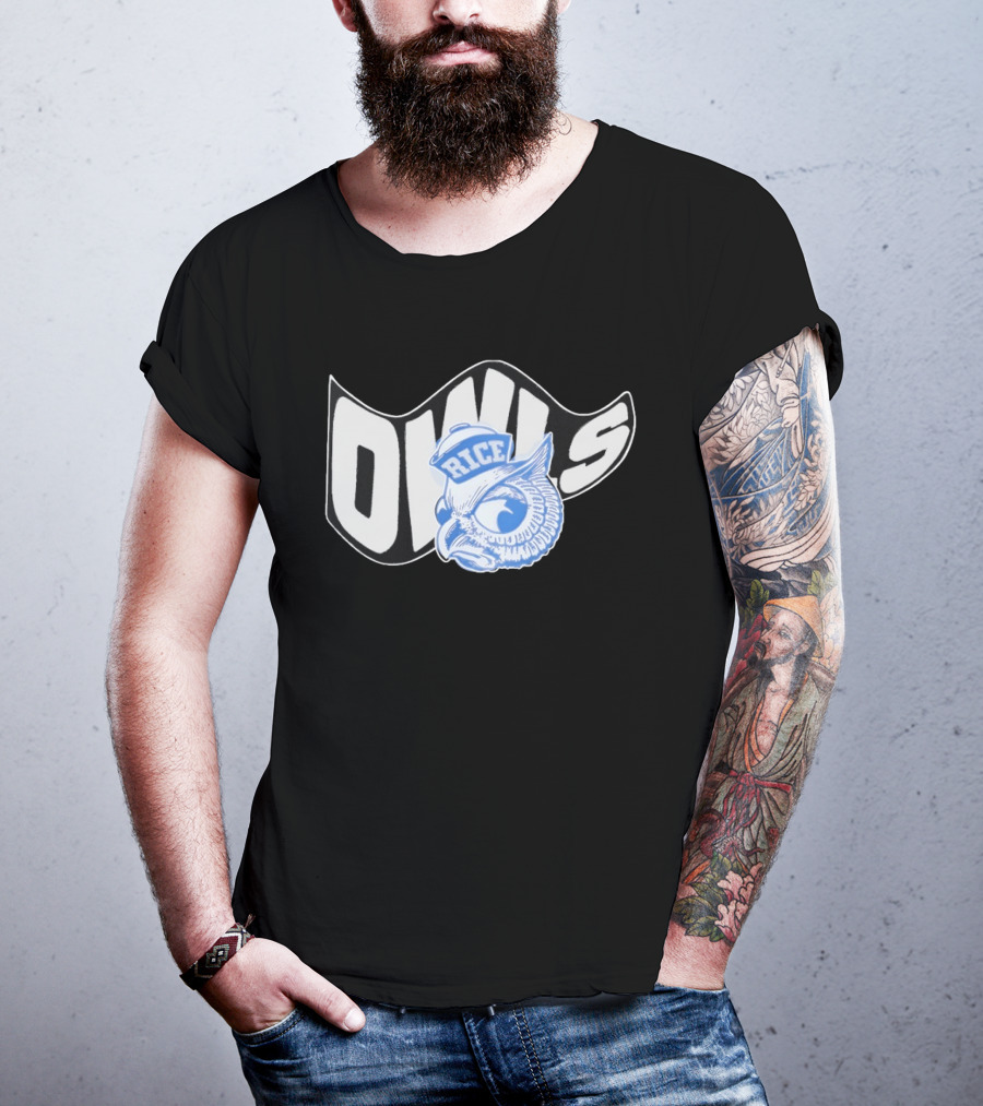 Rice Owls Waving Flag Bold Script With Blue Owl T-Shirt