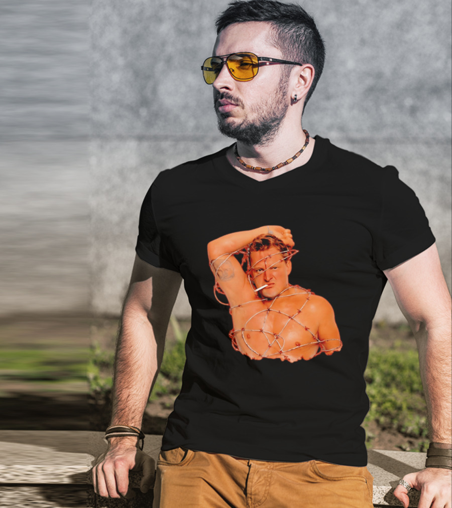 Sandman Barbed Wire Screenprinted Wrapping Wrestler With Cigarette T-Shirt