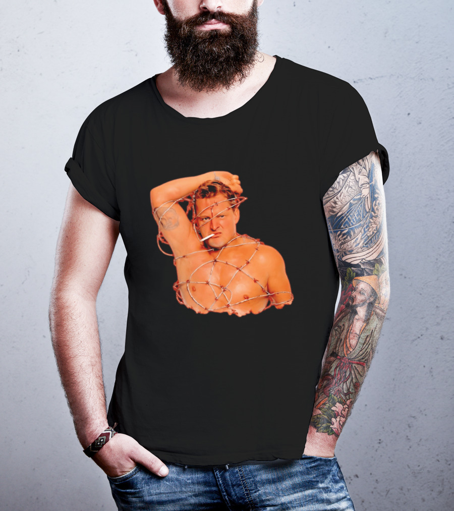 Sandman Barbed Wire Screenprinted Wrapping Wrestler With Cigarette T-Shirt