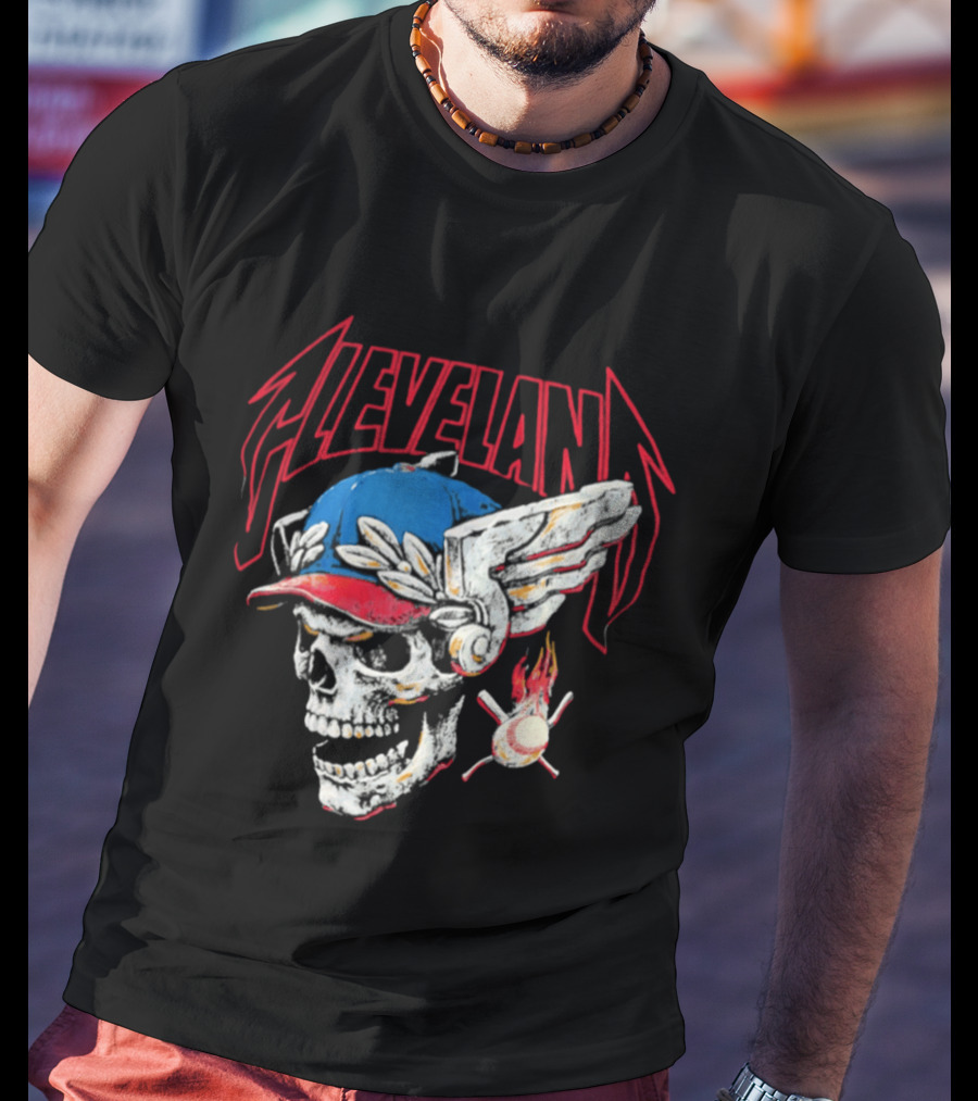 Cleveland Skull Flames Winged Helmet Baseball Bat And Ball T-Shirt