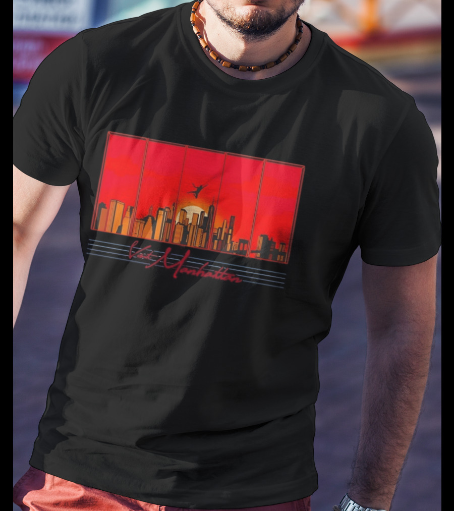 Visit Manhattan Skyline Sunlit Silhouette Red Sunset T-Shirt