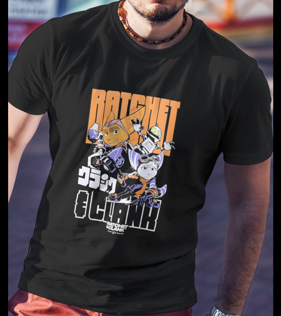 Ratchet And Clank Characters Orange And White Illustration With Japanese T-Shirt