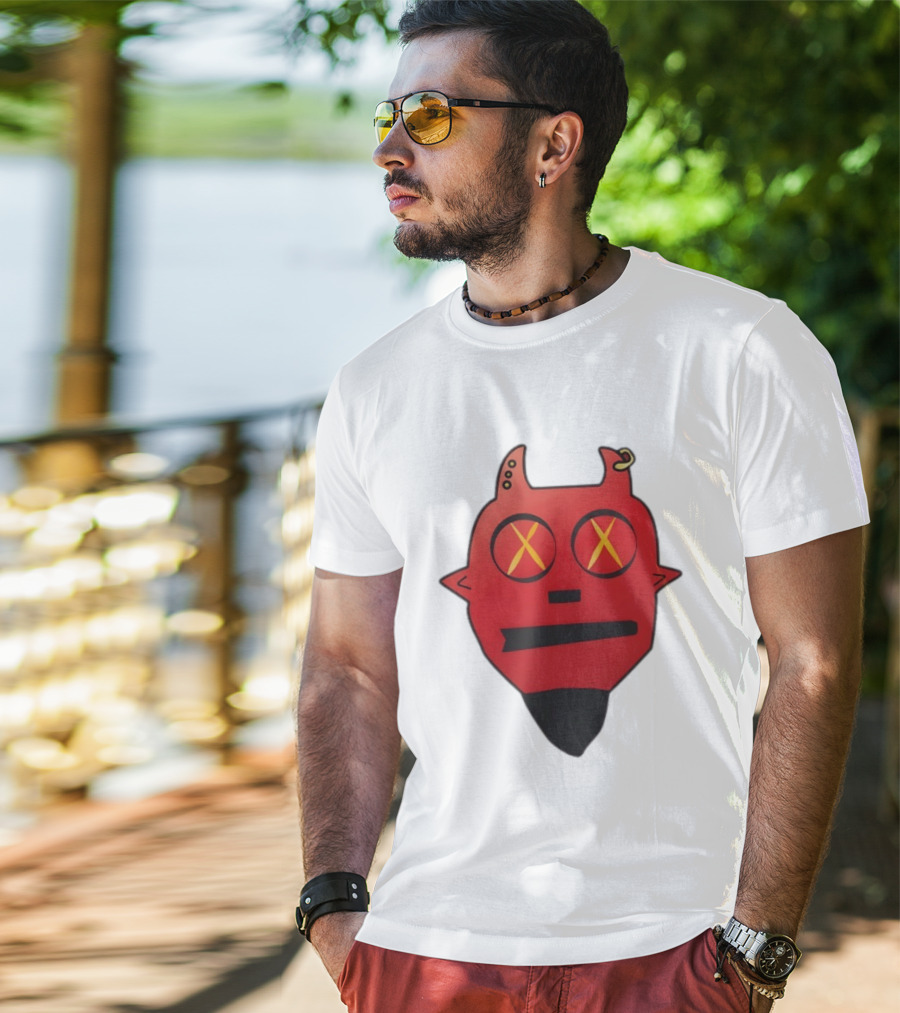 Handsome Devil Red Cartoon Face With Cross Eyes And Earring T-Shirt