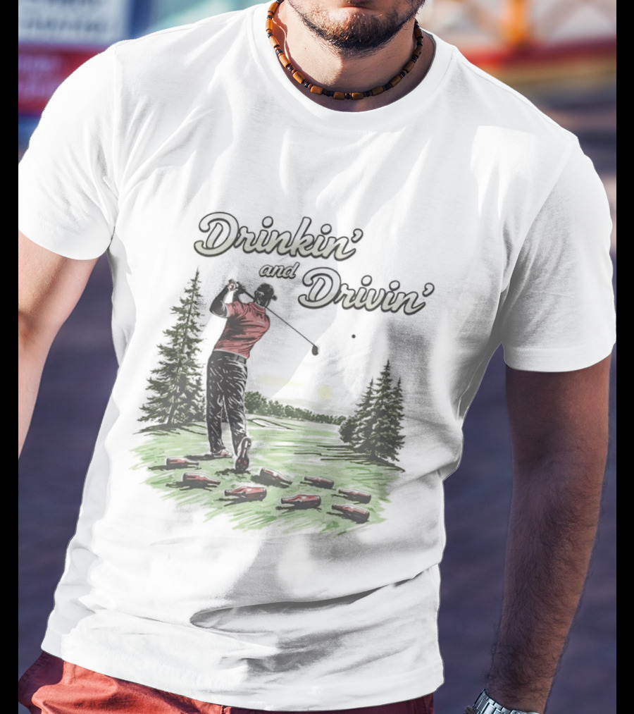 Drinkin' And Drivin' Man Playing Golf With Sunset And Trees T-Shirt