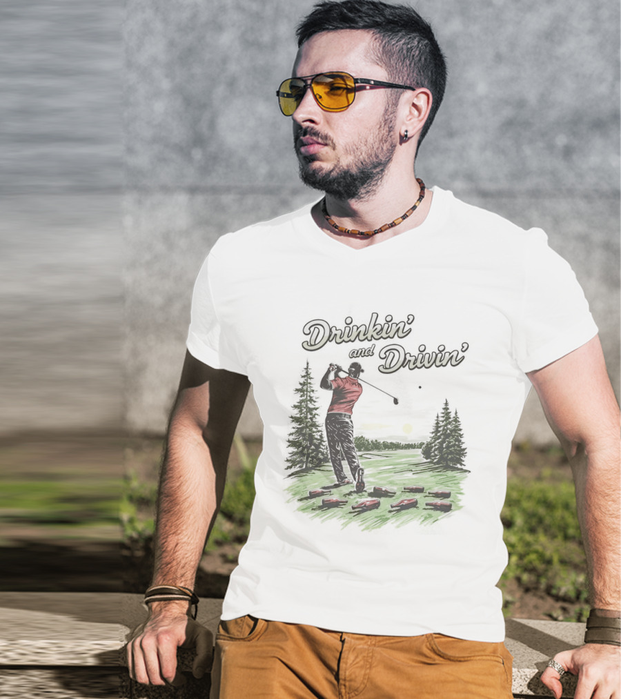 Drinkin' And Drivin' Man Playing Golf With Sunset And Trees T-Shirt