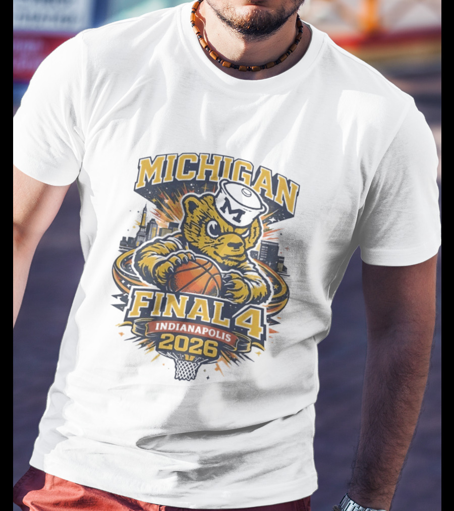 Michigan Wolverines Final Four 2026 Indianapolis Skyline Basketball Bear T-Shirt