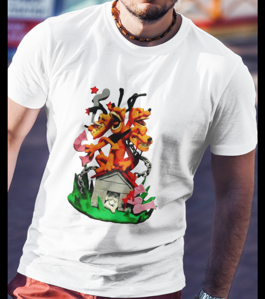 Three Head Monster Dog Cerberus Cartoon Chain House Statue T-Shirt