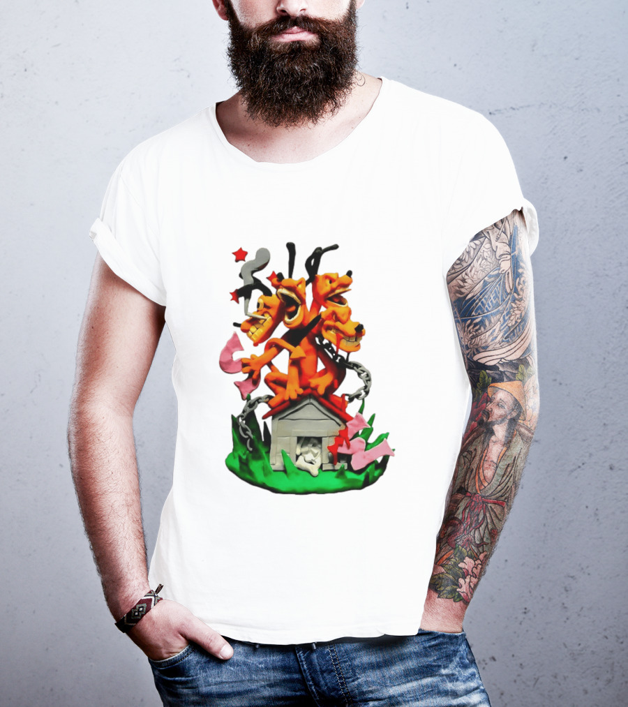 Three Head Monster Dog Cerberus Cartoon Chain House Statue T-Shirt
