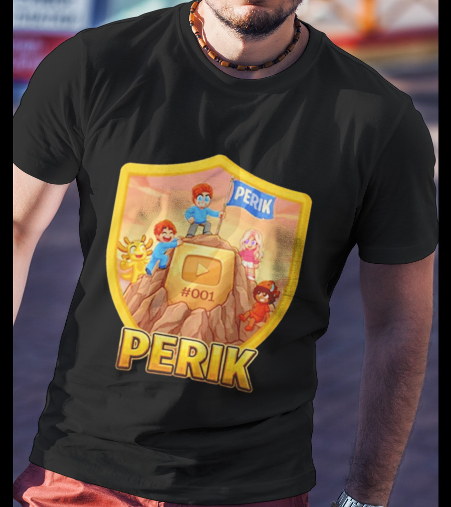 Perik #001 Cartoon Characters On Mountain With YouTube Play Button Image T-Shirt