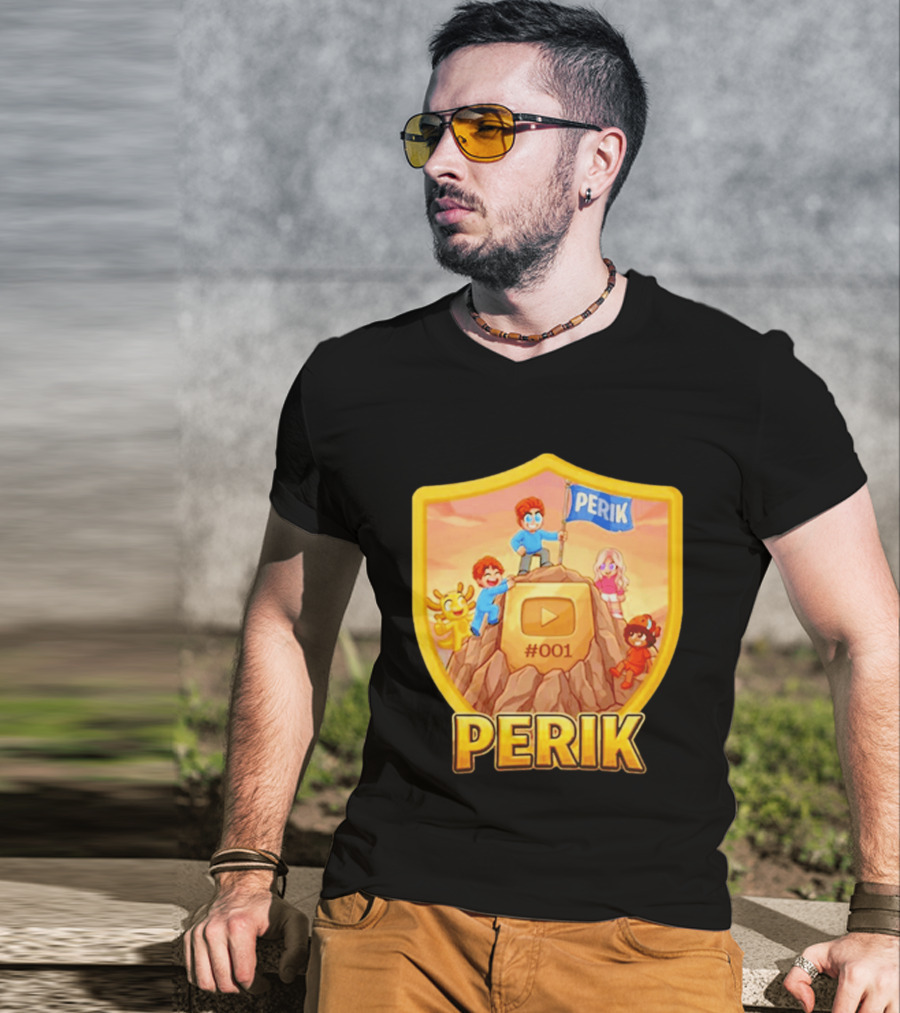 Perik #001 Cartoon Characters On Mountain With YouTube Play Button Image T-Shirt