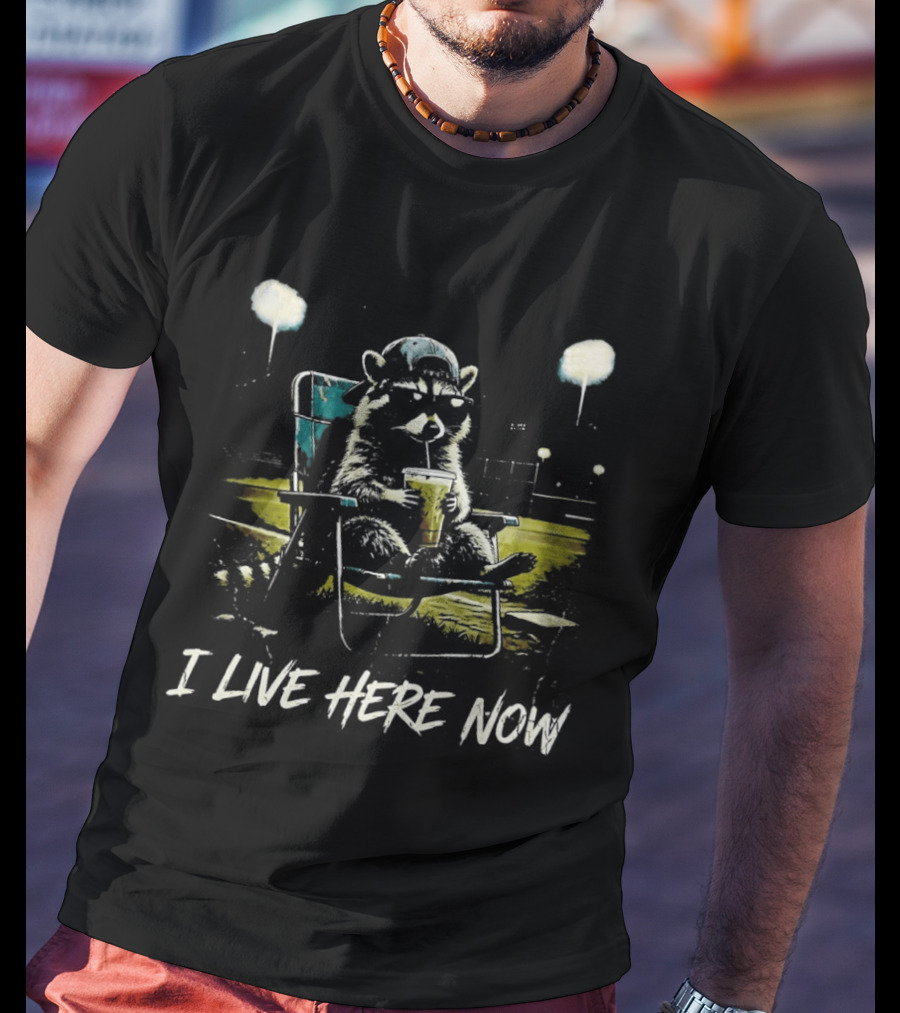 Raccoon I Live Here Now Baseball Ballfield Stadium Lights Sports T-Shirt