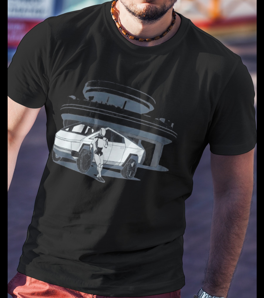 Tesla Cybertruck And Robot At Space Age Coffee Counter T-Shirt