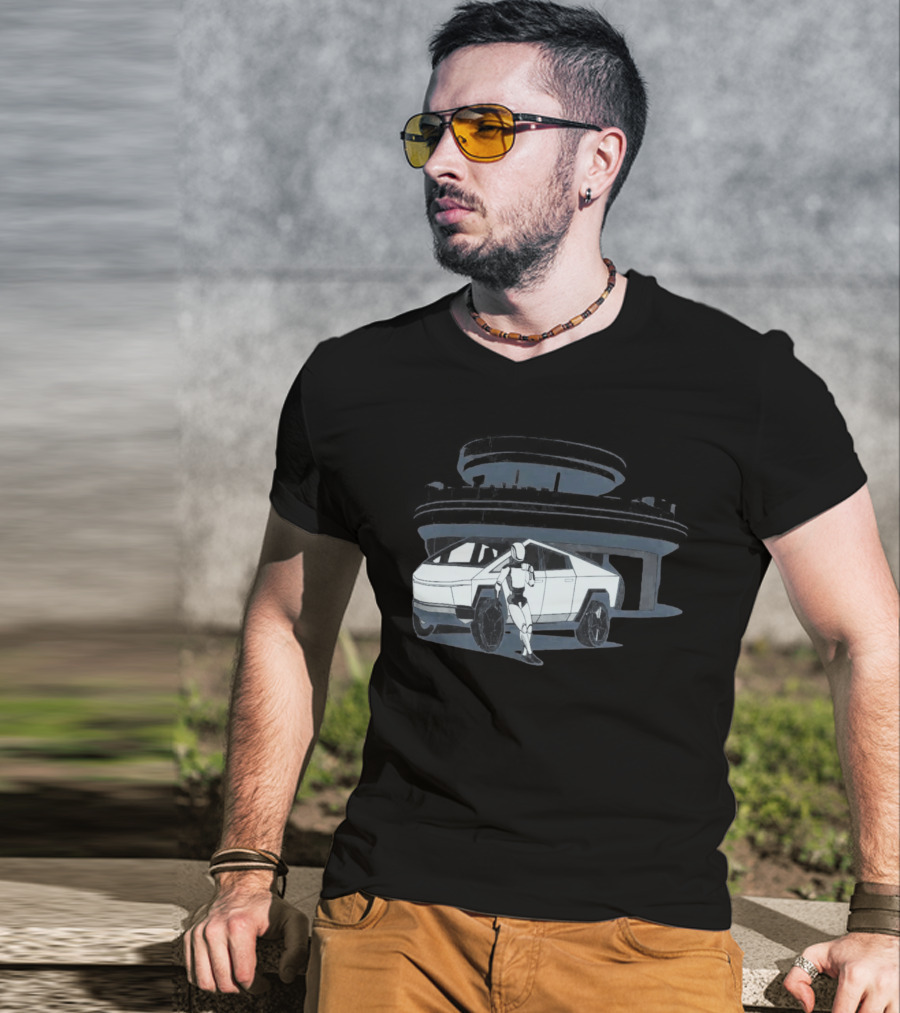 Tesla Cybertruck And Robot At Space Age Coffee Counter T-Shirt