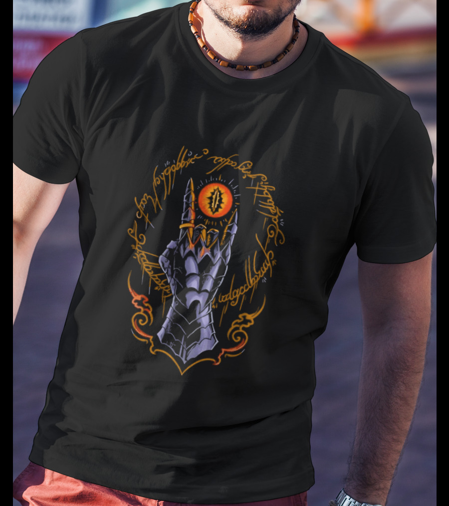 The Cursed One Heavy Metal Sauron Hand And Eye Icon With Elvish Script T-Shirt