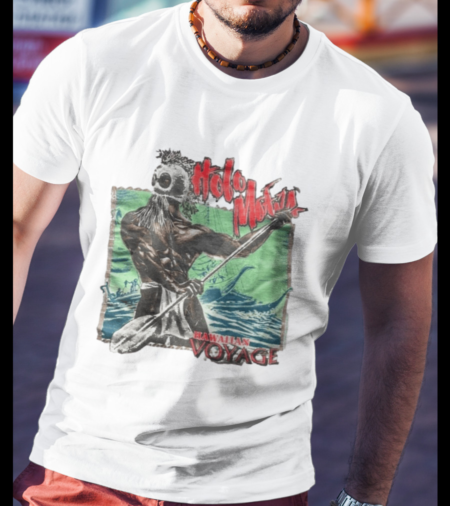 Holo Moana Hawaiian Voyage Paddler With Tribal Mask And Canoe Scene T-Shirt