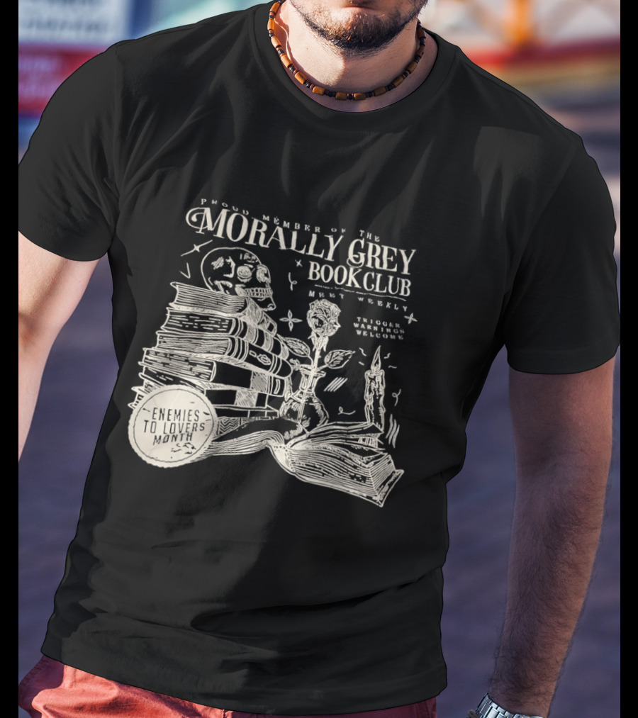 Morally Grey Book Club Skull Candle Rose Stacked Books Open Pages Stars T-Shirt