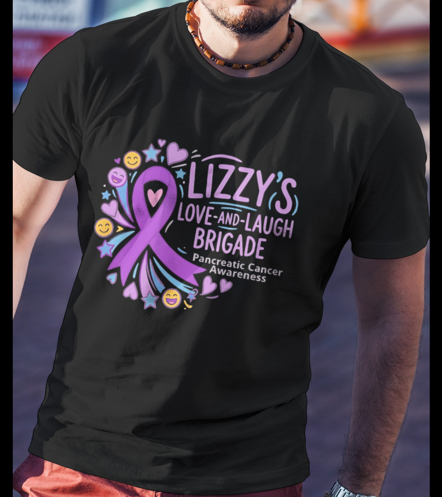Lizzy's Love And Laugh Brigade Pancreatic Cancer Awareness Purple Ribbon Hearts And Smiles T-Shirt