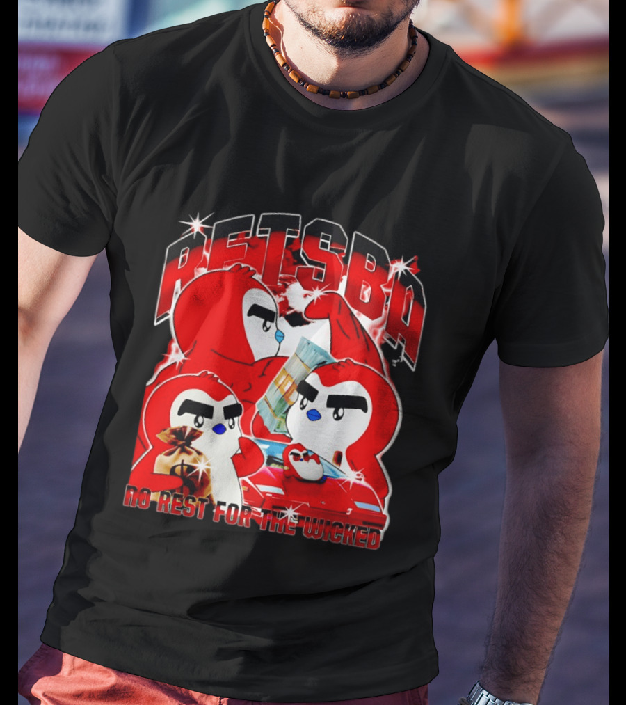 Retsba No Rest For The Wicked Red Characters With Cash And Car T-Shirt