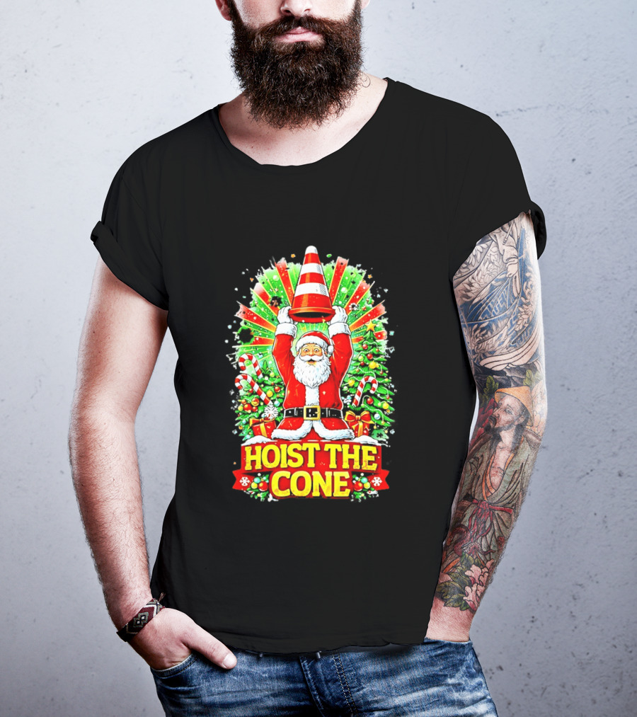 Santa Hoist The Cone Christmas Lights Tree Candy Canes T-Shirt