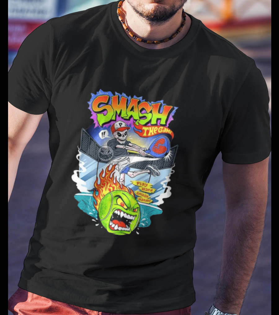 Smash The Game Play Hard Smash Harder Skeleton Playing Pickleball With Fiery Ball And Court T-Shirt