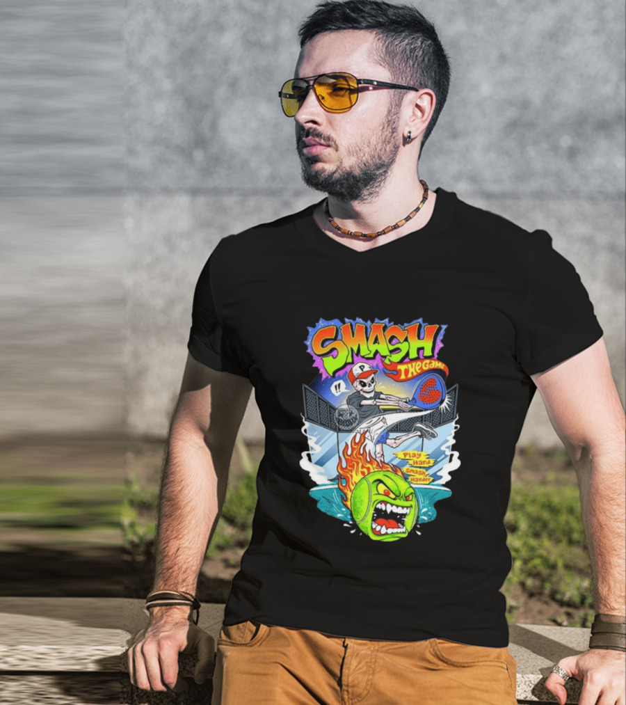 Smash The Game Play Hard Smash Harder Skeleton Playing Pickleball With Fiery Ball And Court T-Shirt