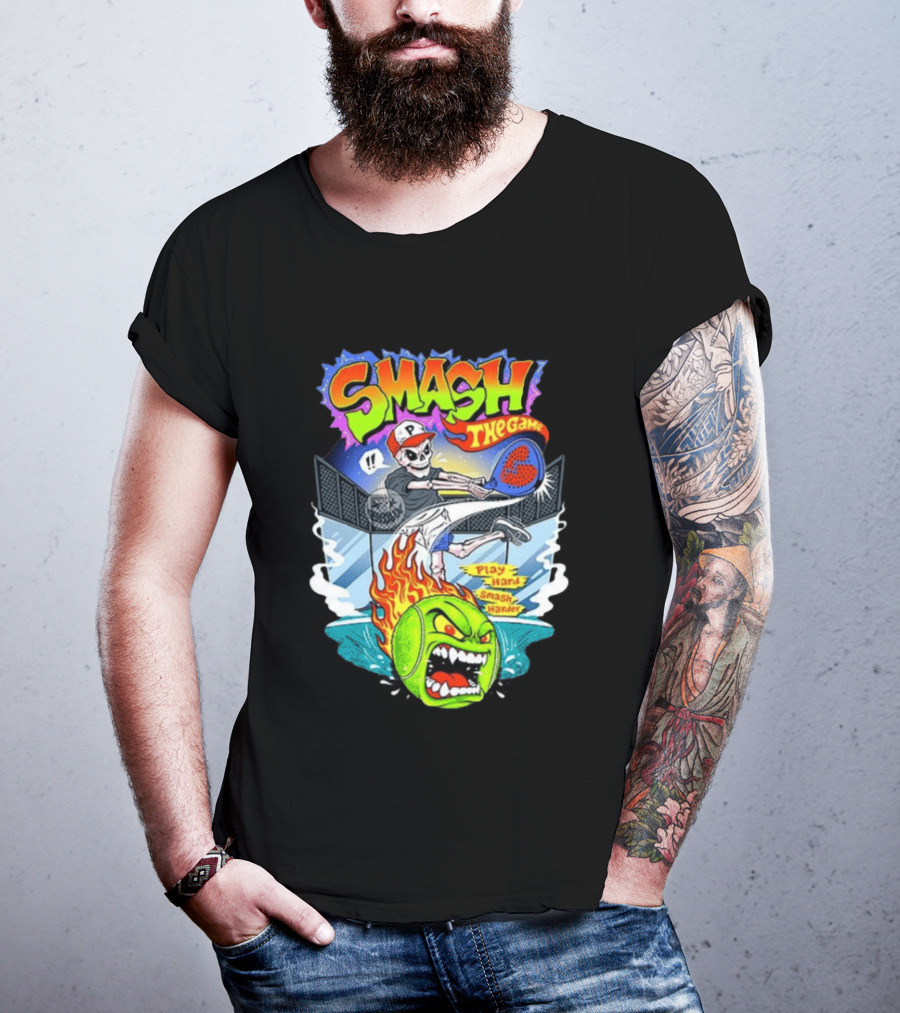 Smash The Game Play Hard Smash Harder Skeleton Playing Pickleball With Fiery Ball And Court T-Shirt