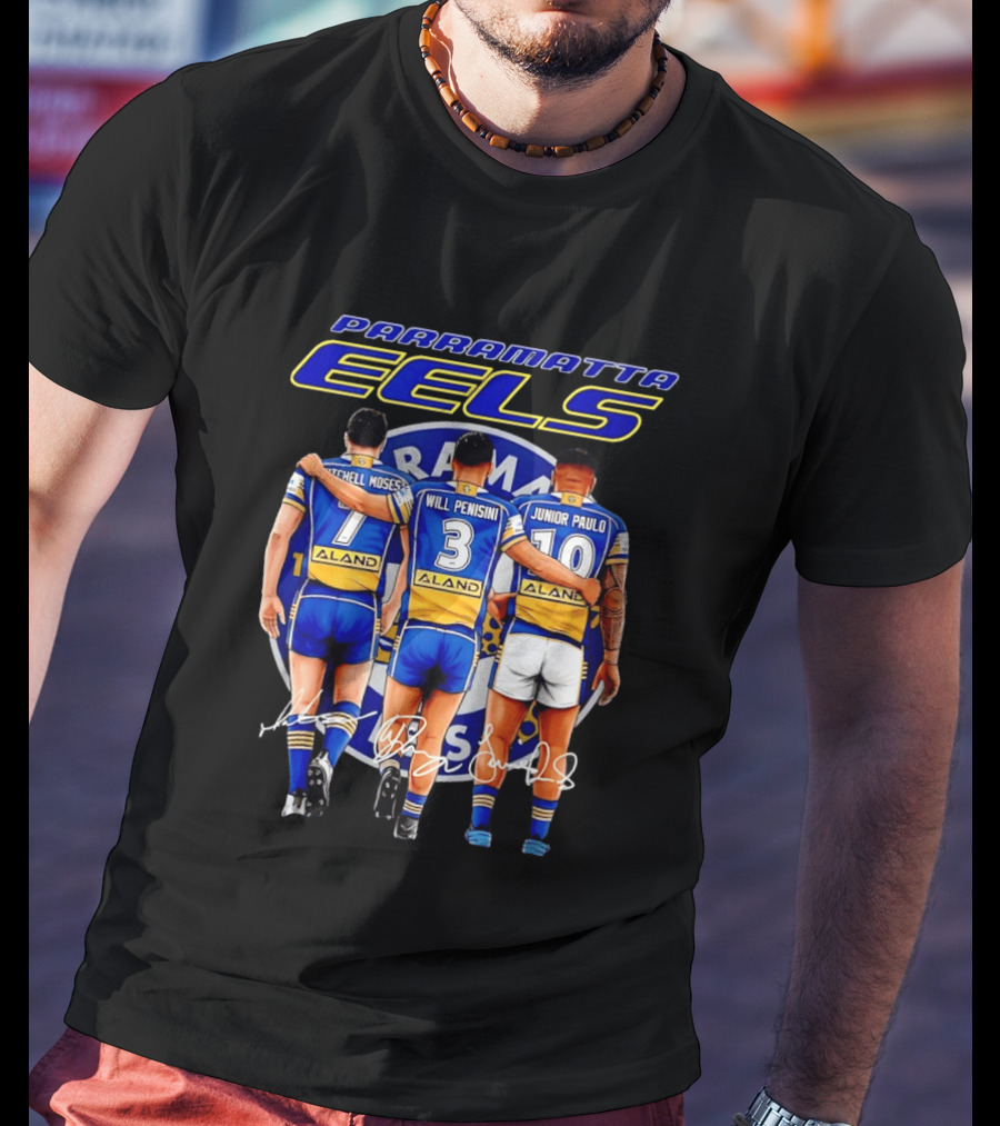 Parramatta Eels Mitchell Moses Will Penisini Junior Paulo Signatures T-Shirt