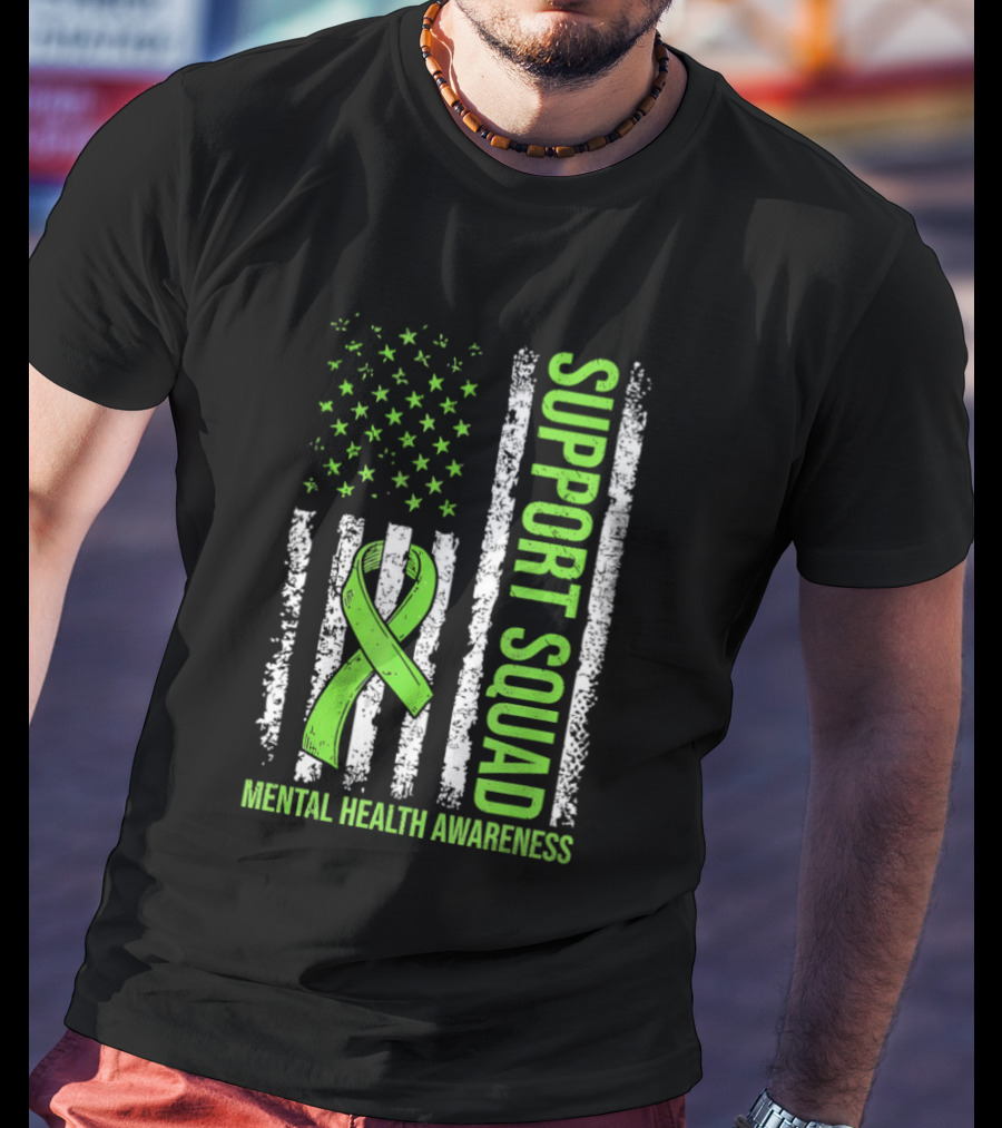 Support Squad US Flag Green Ribbon Mental Health Awareness T-Shirt