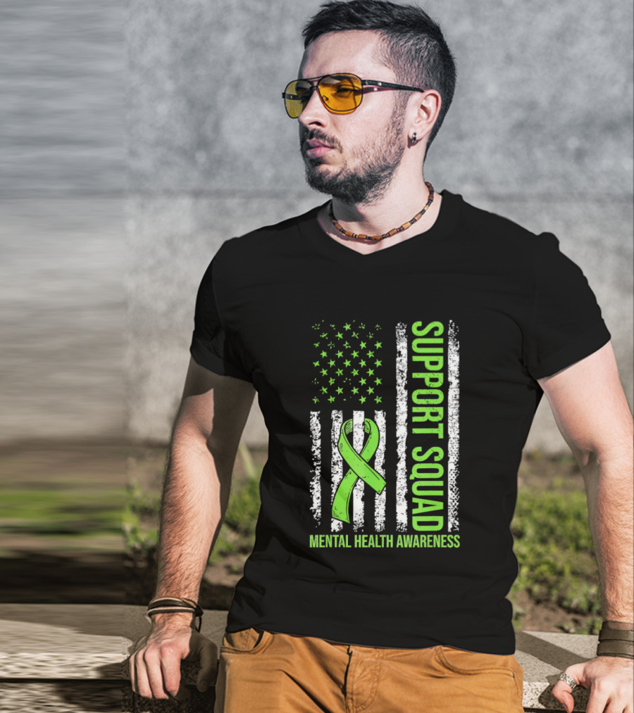 Support Squad US Flag Green Ribbon Mental Health Awareness T-Shirt