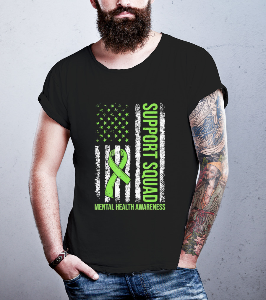 Support Squad US Flag Green Ribbon Mental Health Awareness T-Shirt