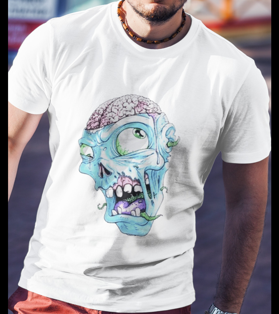 Annoyed Monster Head Zombie Skull Illustration With Exposed Brain And Worms T-Shirt