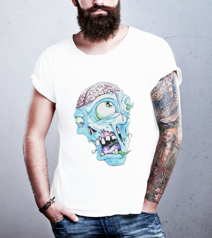 Annoyed Monster Head Zombie Skull Illustration With Exposed Brain And Worms T-Shirt