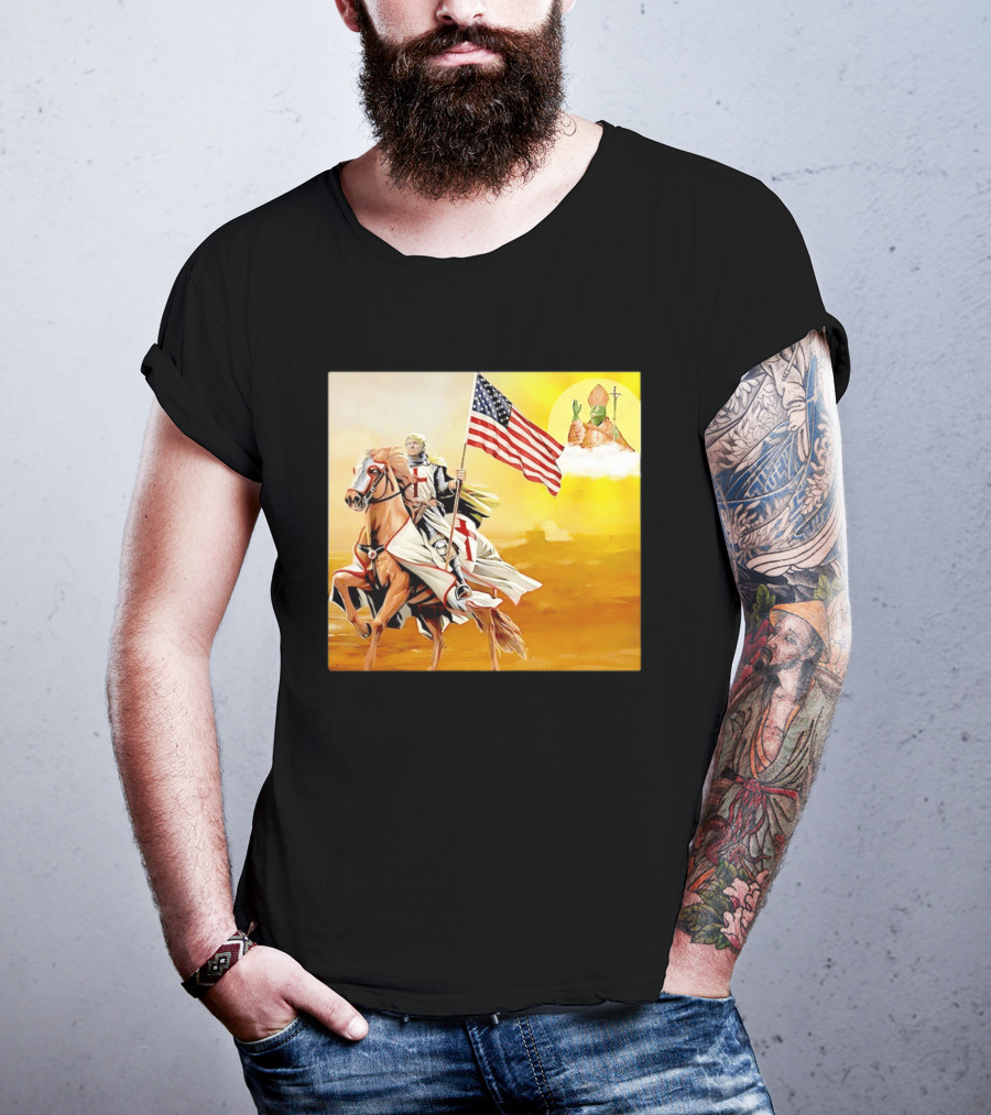 Donald Trump Crusader Knight With American Flag Riding Horse T-Shirt