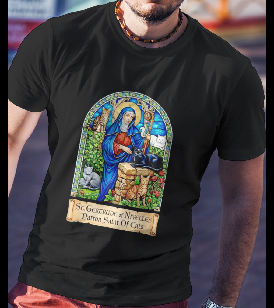 St. Gertrude Of Nivelles Patron Saint Of Cats Iconic Stained Glass Cat T-Shirt