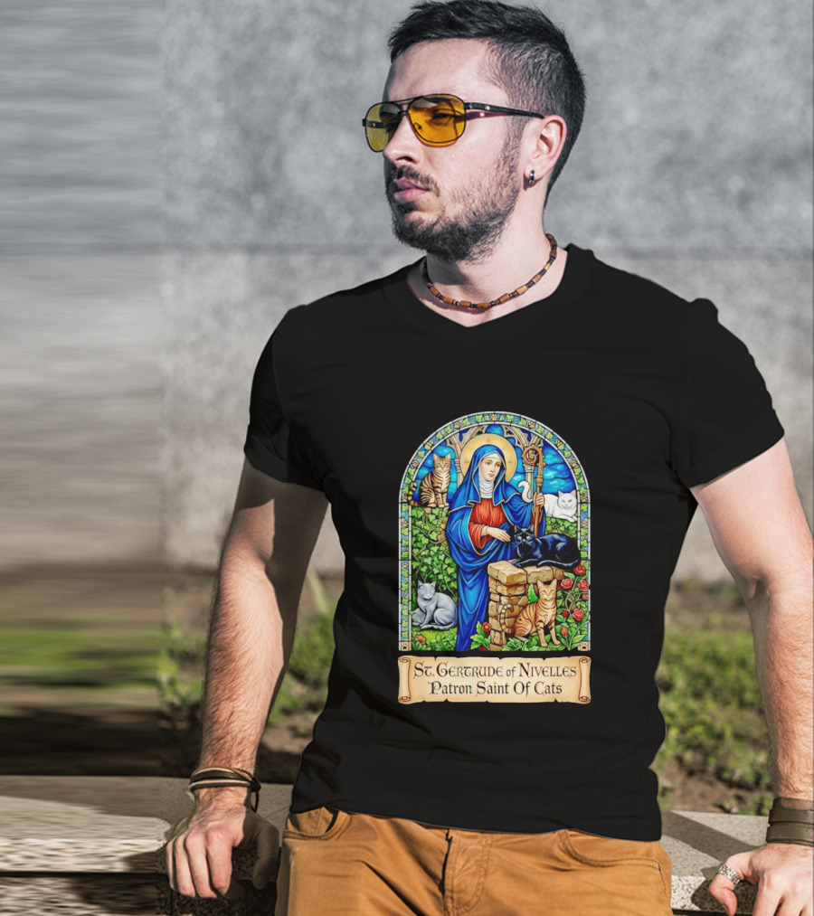 St. Gertrude Of Nivelles Patron Saint Of Cats Iconic Stained Glass Cat T-Shirt