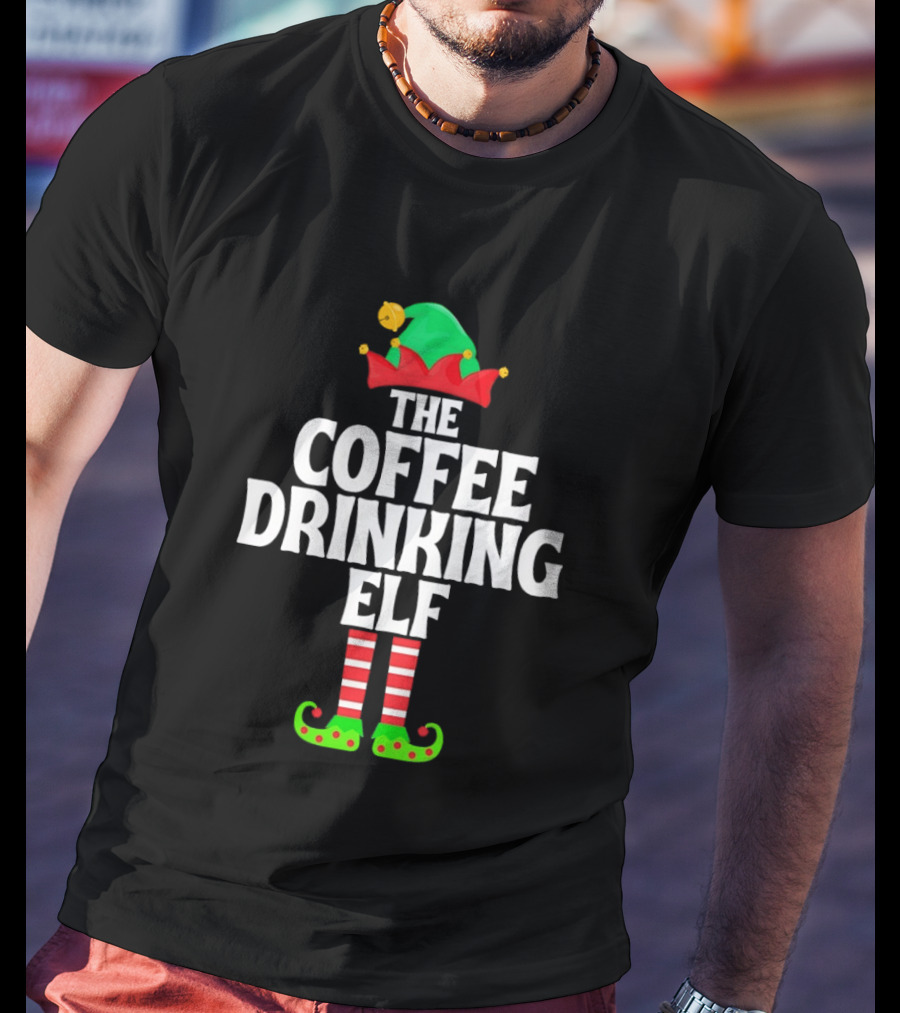 The Coffee Drinking Elf Red Green Jester Hat Striped Socks T-Shirt