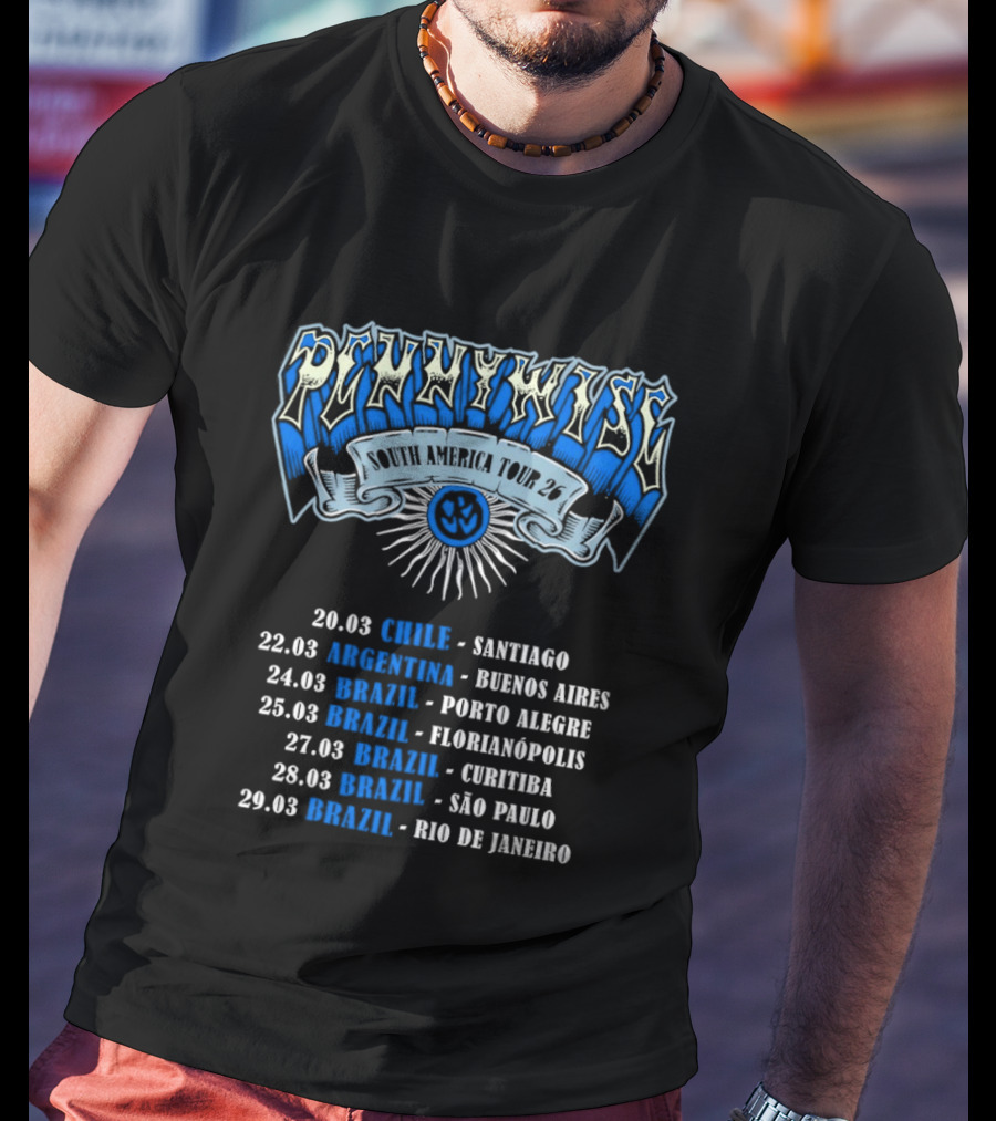 Pennywise South America Tour 2026 Chile Argentina Brazil Santiago Buenos Aires Porto Alegre Florianópolis Curitiba São Paulo Rio De Janeiro T-Shirt