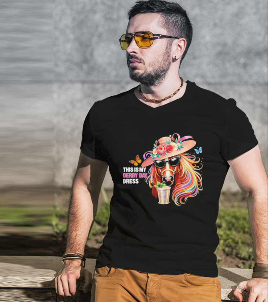 This Is My Derby Day Dress Horse Racing Party Butterfly Rainbow Hat Floral Cocktail T-Shirt
