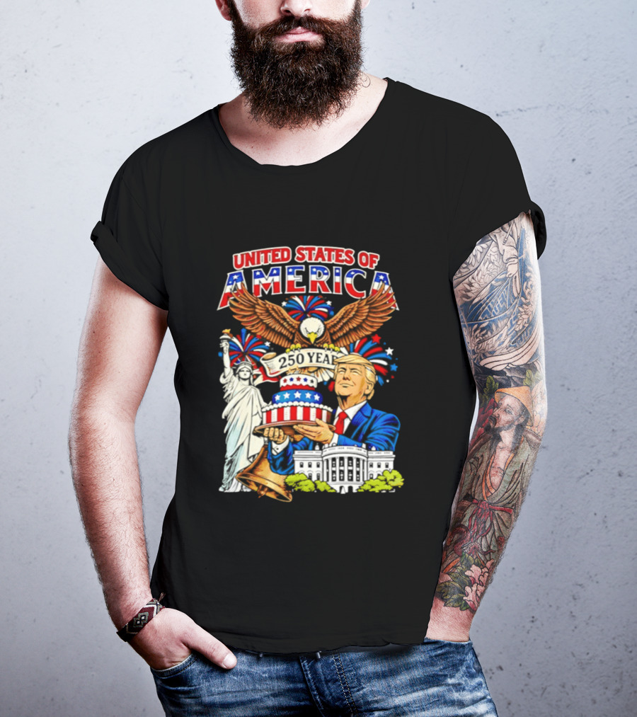 United States Of America 250 Years Celebration 4th Of July Trump With Birthday Cake And Eagle T-Shirt