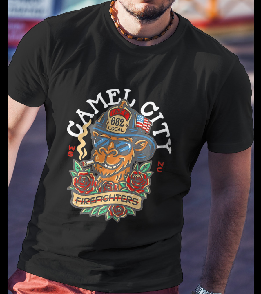 Camel City Local 682 Firefighters Smoking Camel With Roses USA Flag WS NC T-Shirt