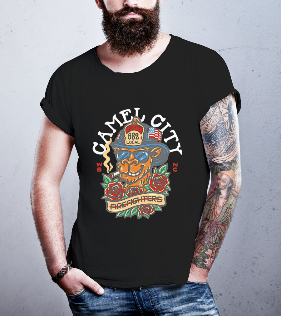 Camel City Local 682 Firefighters Smoking Camel With Roses USA Flag WS NC T-Shirt