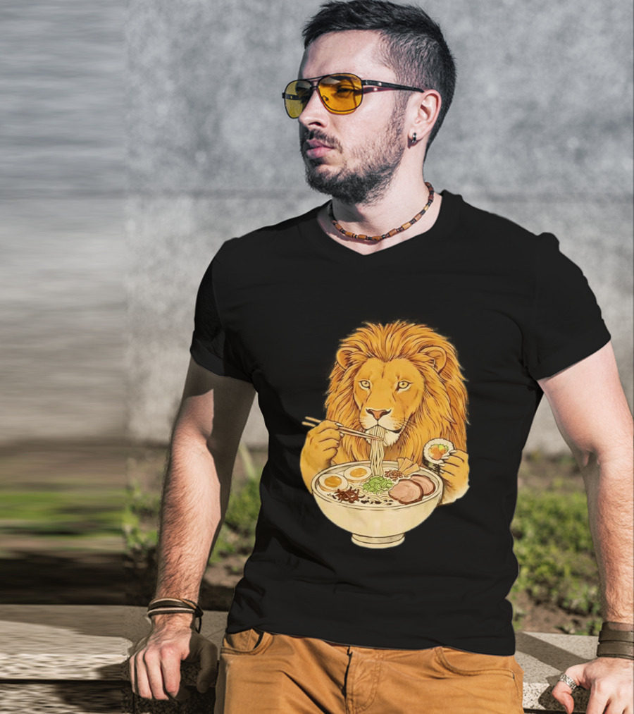 King Lion Eating Ramen Noodles With Sushi Meme T-Shirt
