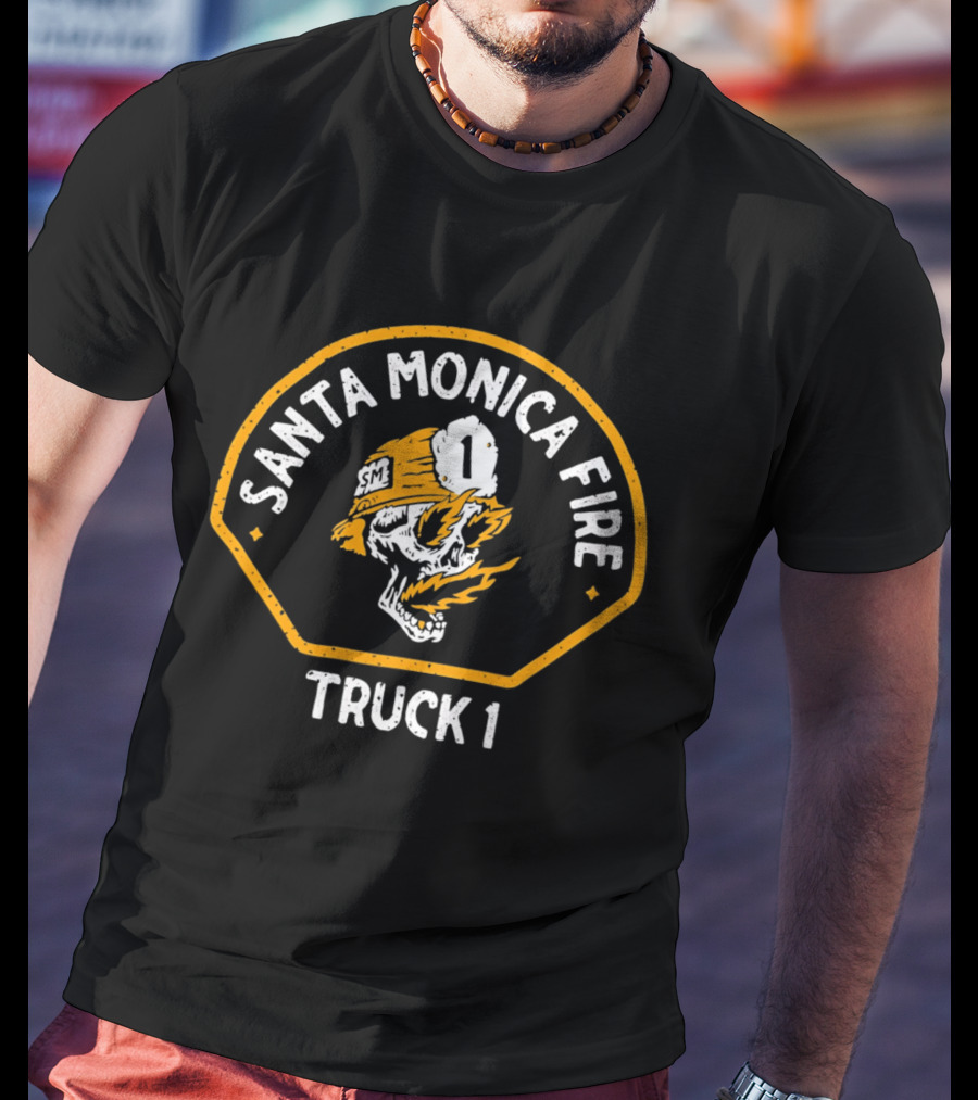 Santa Monica Fire Truck 1 Skull Flame Helmet T-Shirt
