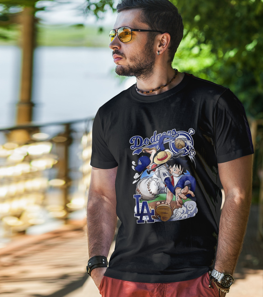 Luffy Los Angeles Dodgers One Piece Anime Crossover MLB Collaboration T-Shirt