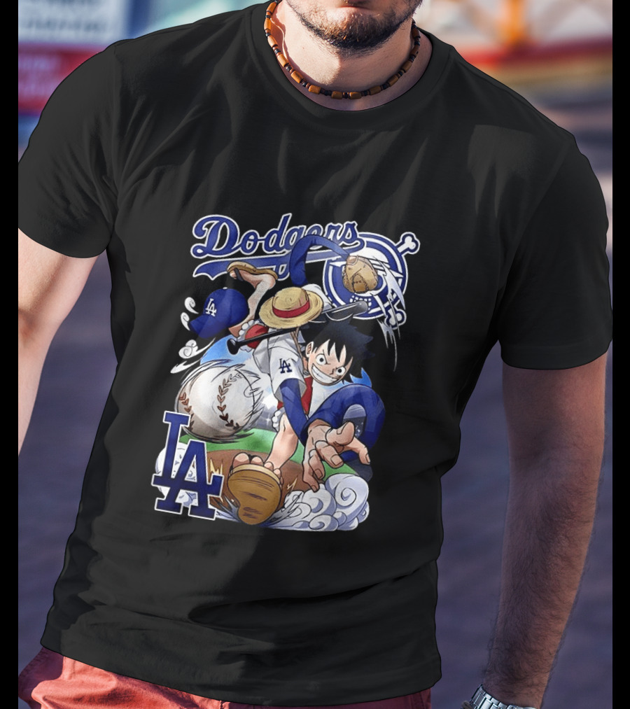 Luffy Los Angeles Dodgers One Piece Anime Crossover MLB Collaboration T-Shirt