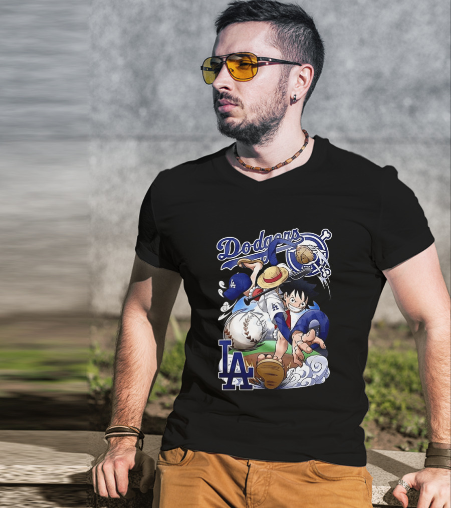 Luffy Los Angeles Dodgers One Piece Anime Crossover MLB Collaboration T-Shirt